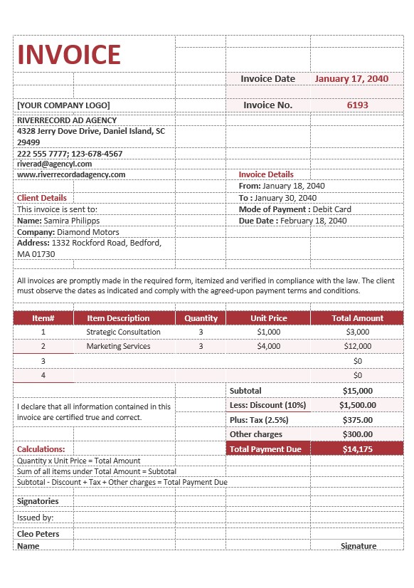 Sample Advertising Agency Invoice Template PSD template